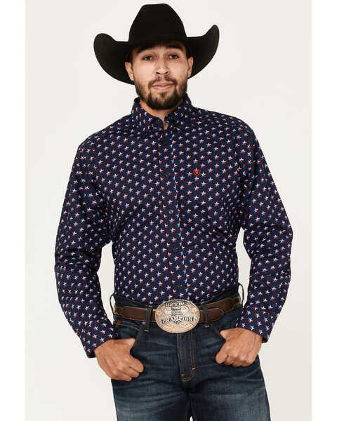Image #1 - Ariat Men's Nossen Texas Star Print Button-Down Western Shirt , Navy, hi-res