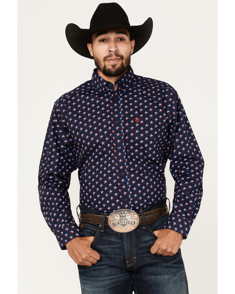 Ariat Men's Nossen Texas Star Print Button-Down Western Shirt , Navy, hi-res