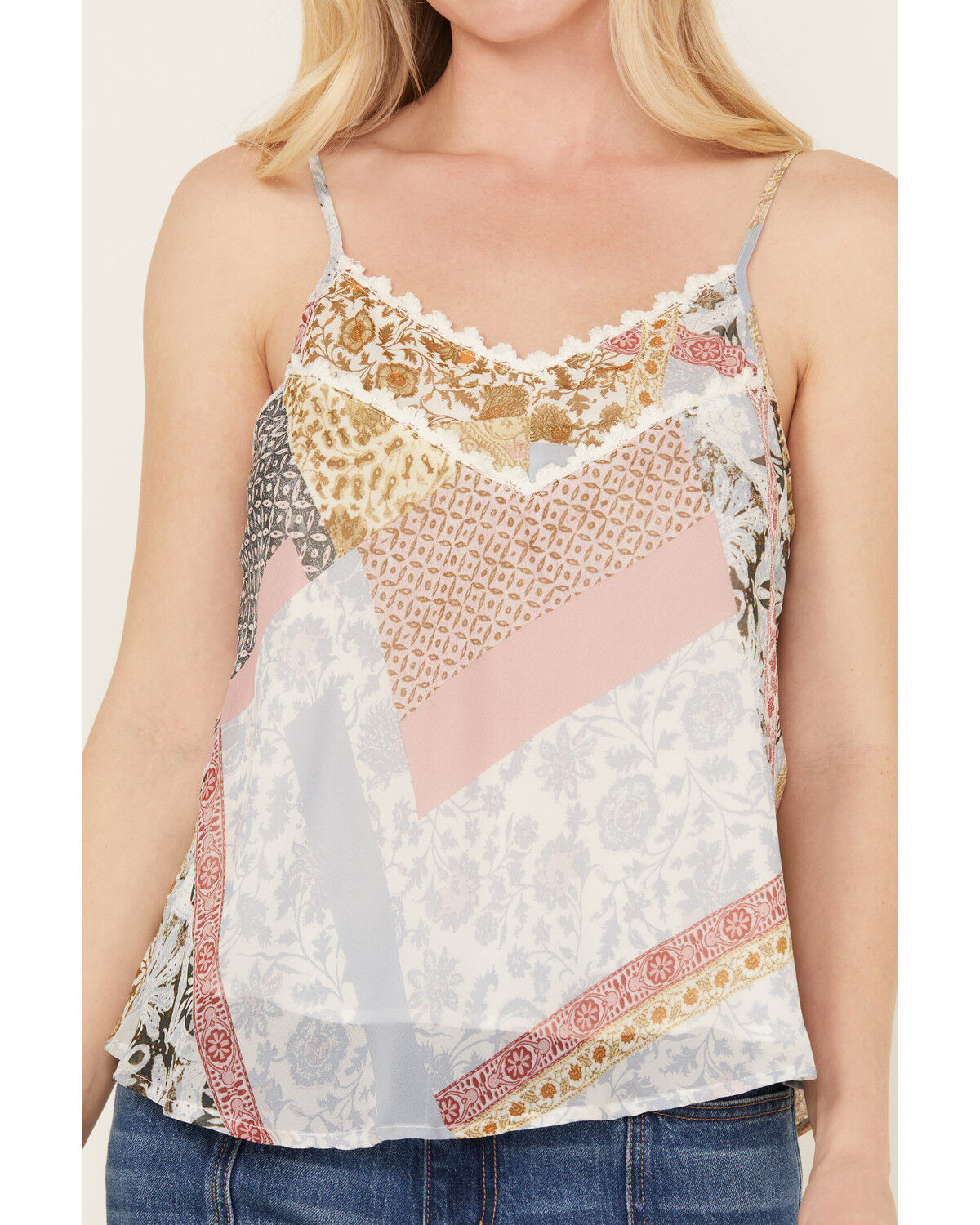 Image #3 - Wild Moss Women's Patchwork Print Crochet Trim Top, Ivory, hi-res