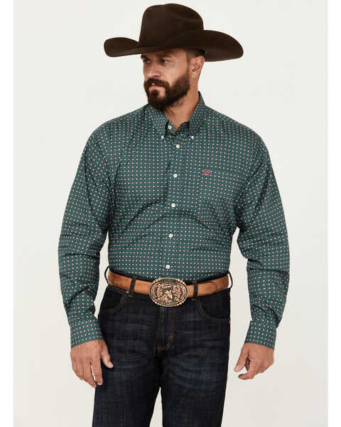 Cinch Men's Geo Print Long Sleeve Button-Down Western Shirt, Dark Green, hi-res