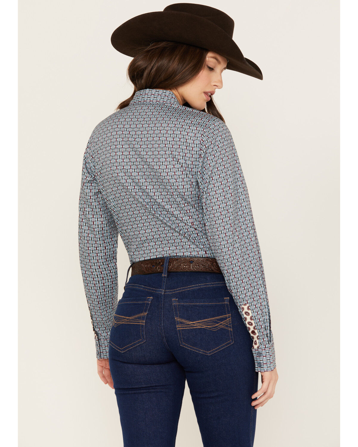 Image #4 - Cinch Women's Southwestern Long Sleeve Button-Down Western Shirt, Light Blue, hi-res