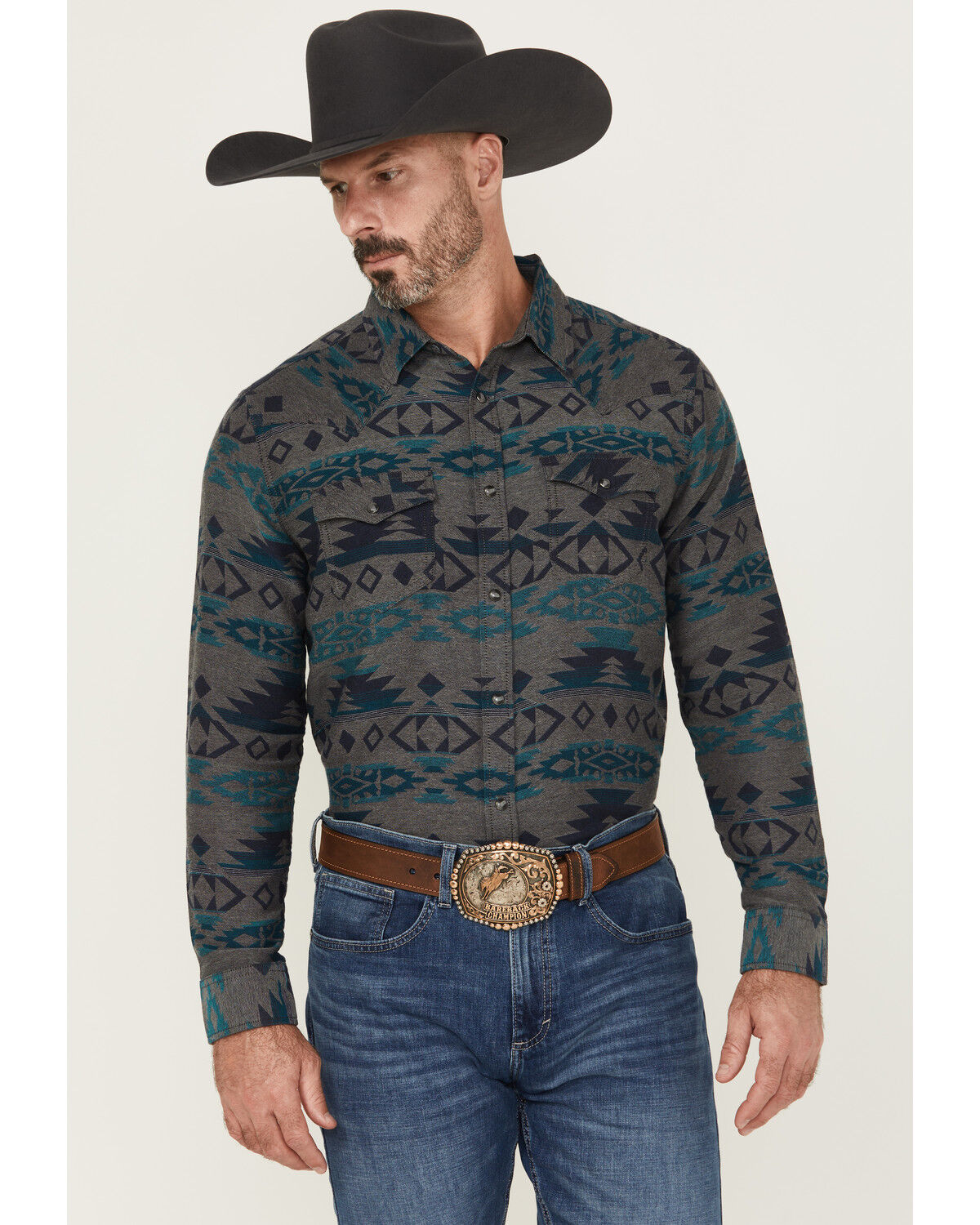 Image #1 - Cody James Men's Julian Southwestern Print Long Sleeve Snap Western Shirt, Grey, hi-res