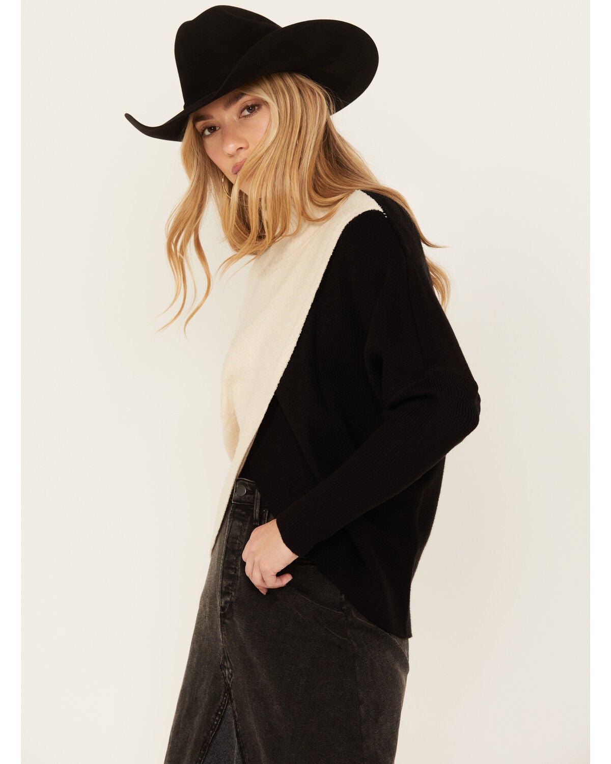 Revel Women's Cross Front Mock Neck Sweater, Black, hi-res