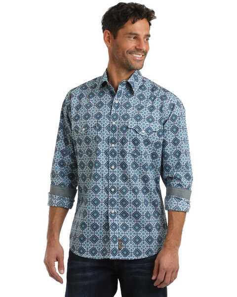 Wrangler Retro Men's Large Diamond Geo Print Long Sleeve Western Shirt , Blue, hi-res
