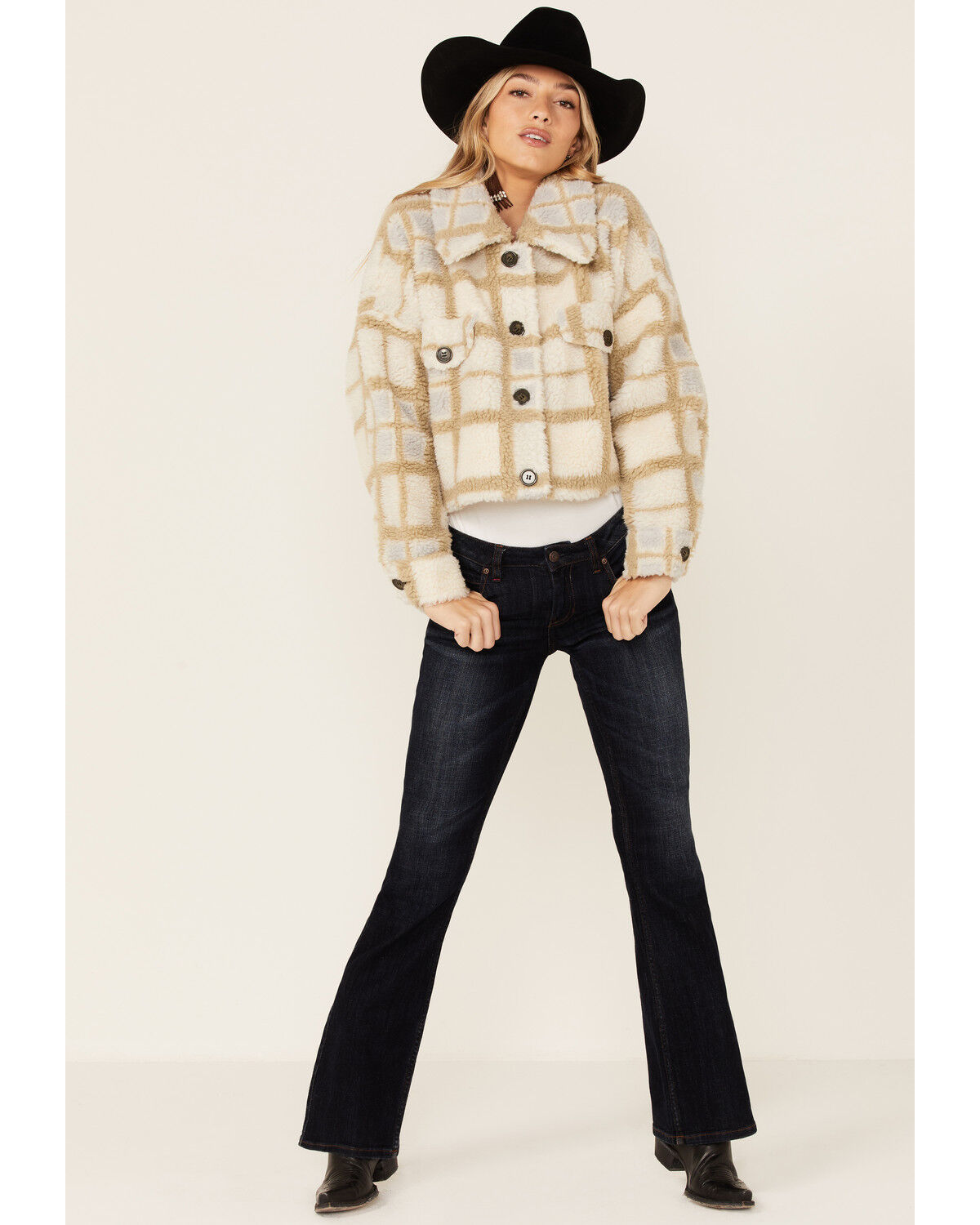 Image #4 - Vigoss Women's Ivory Grid Print Cropped Sherpa Jacket, Ivory, hi-res