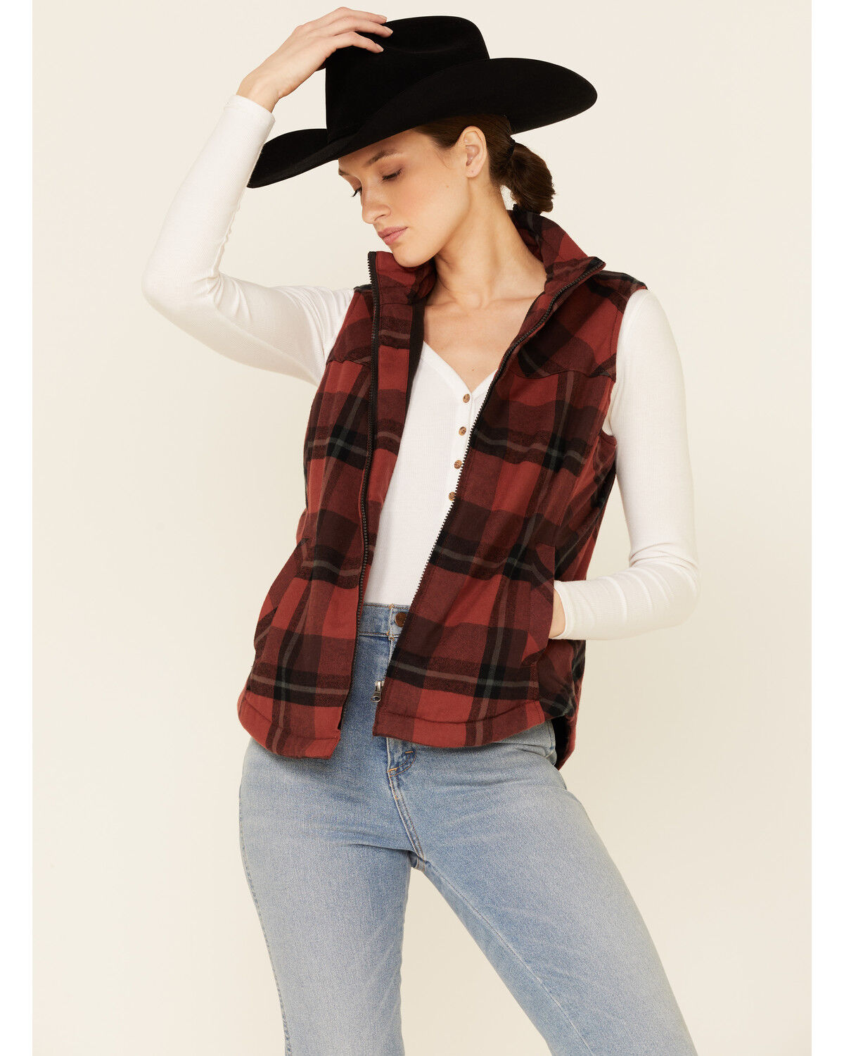 Image #1 - North River Women's Burgundy & Rust Henna Buffalo Plaid Zip-Front Vest, , hi-res
