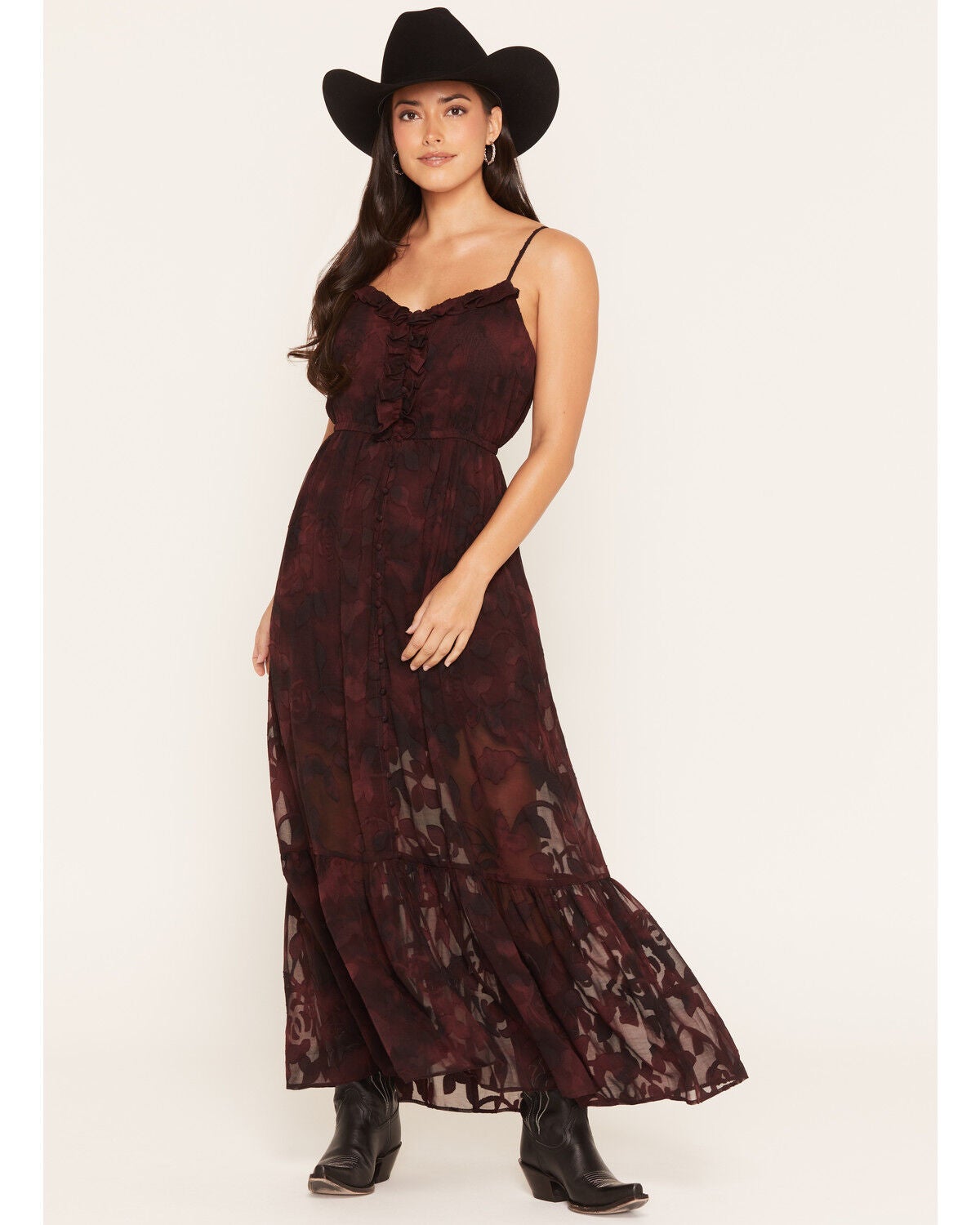 Image #1 - Idyllwind Women's Silla Button-Front Ruffle Maxi Dress, Wine, hi-res