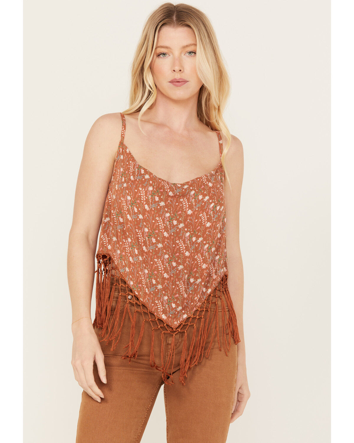 Image #1 - Rock & Roll Denim Women's Floral Fringe Tank Top, Brown, hi-res