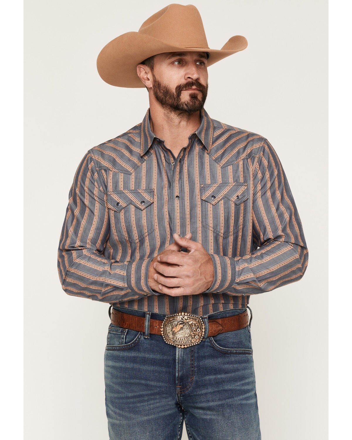Image #1 - Cody James Men's Trigger Striped Print Long Sleeve Snap Western Shirt, Blue, hi-res