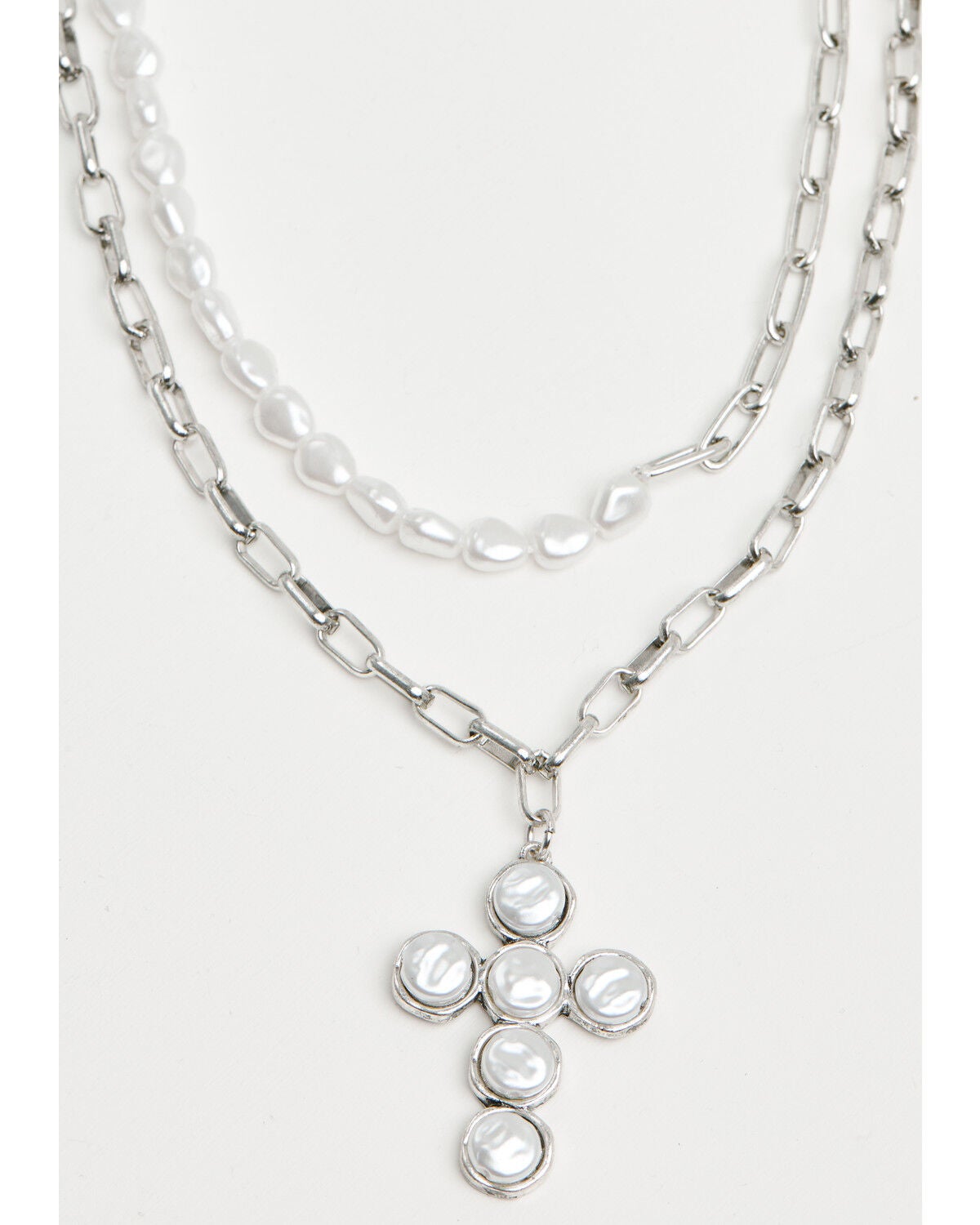 Shyanne Women's Pearl Cross Layered Necklace, Silver, hi-res