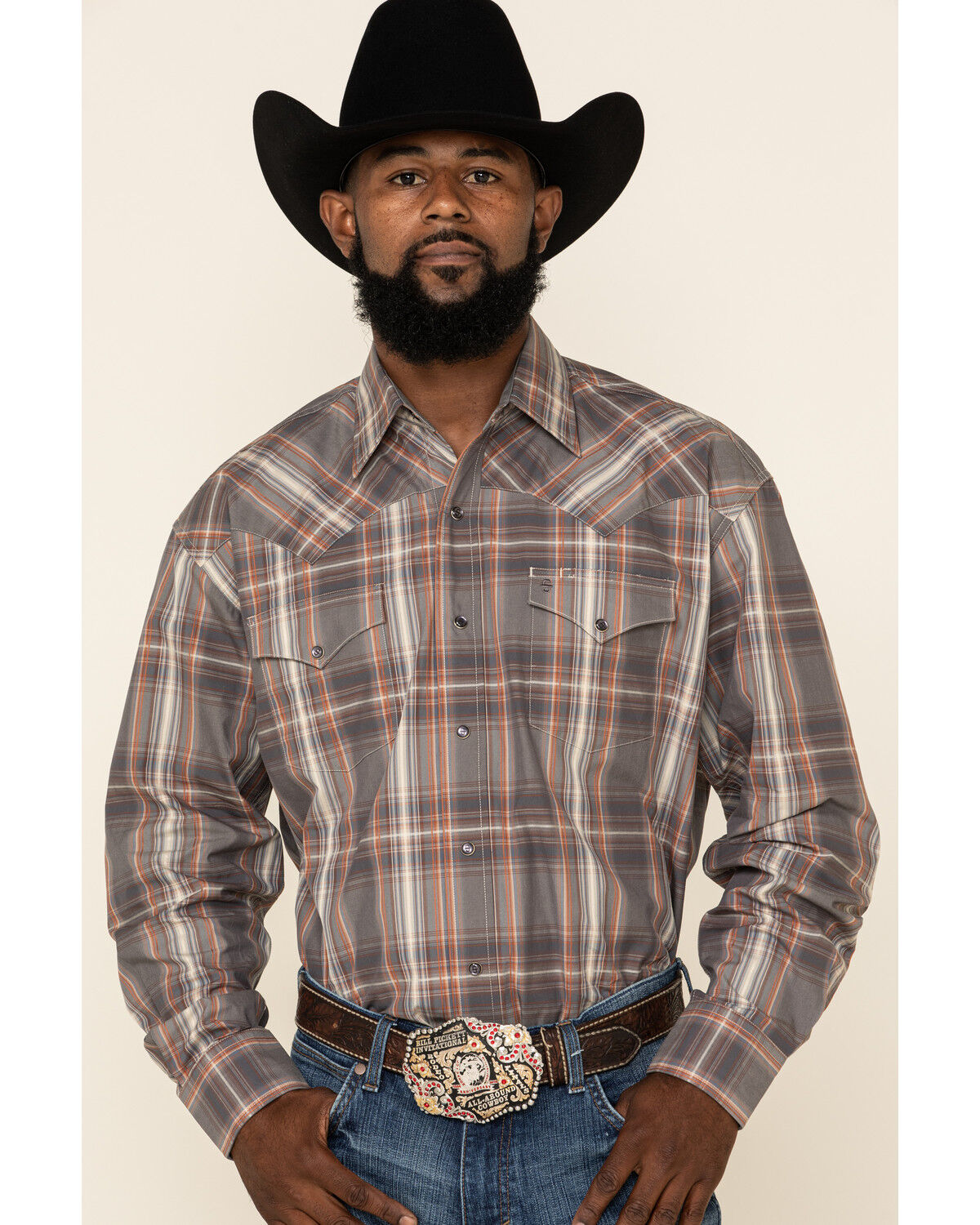 Image #1 - Stetson Men's Gray Adobe Large Plaid Long Sleeve Western Shirt, Grey, hi-res