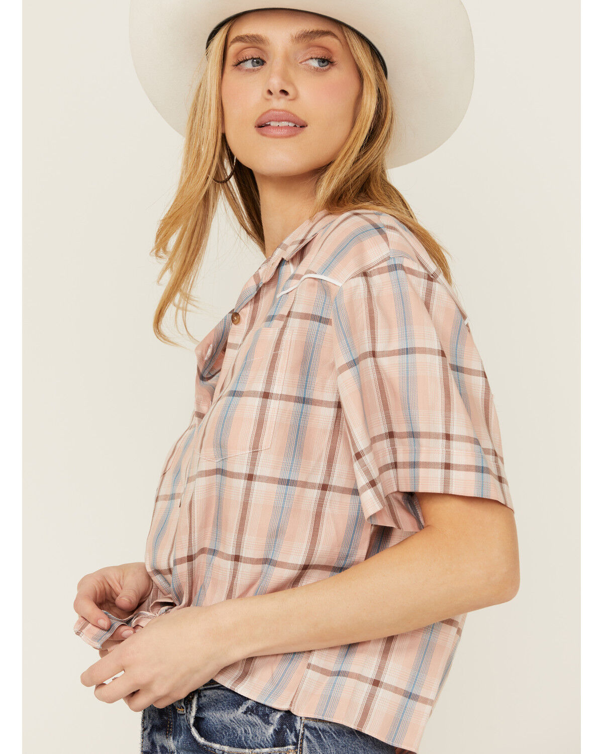 Image #2 - Cumberland Outfitters Women's Plaid Print Short Sleeve Button-Down Western Shirt, Peach, hi-res