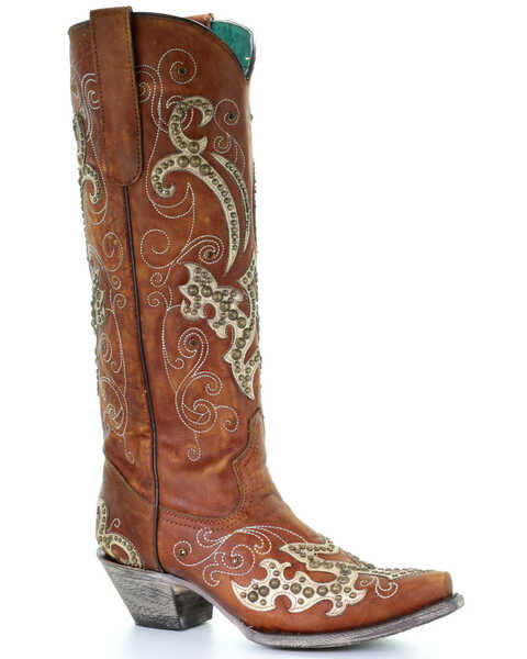 Corral Women's Brown Studded Overlay Western Boots - Snip Toe, Brown, hi-res