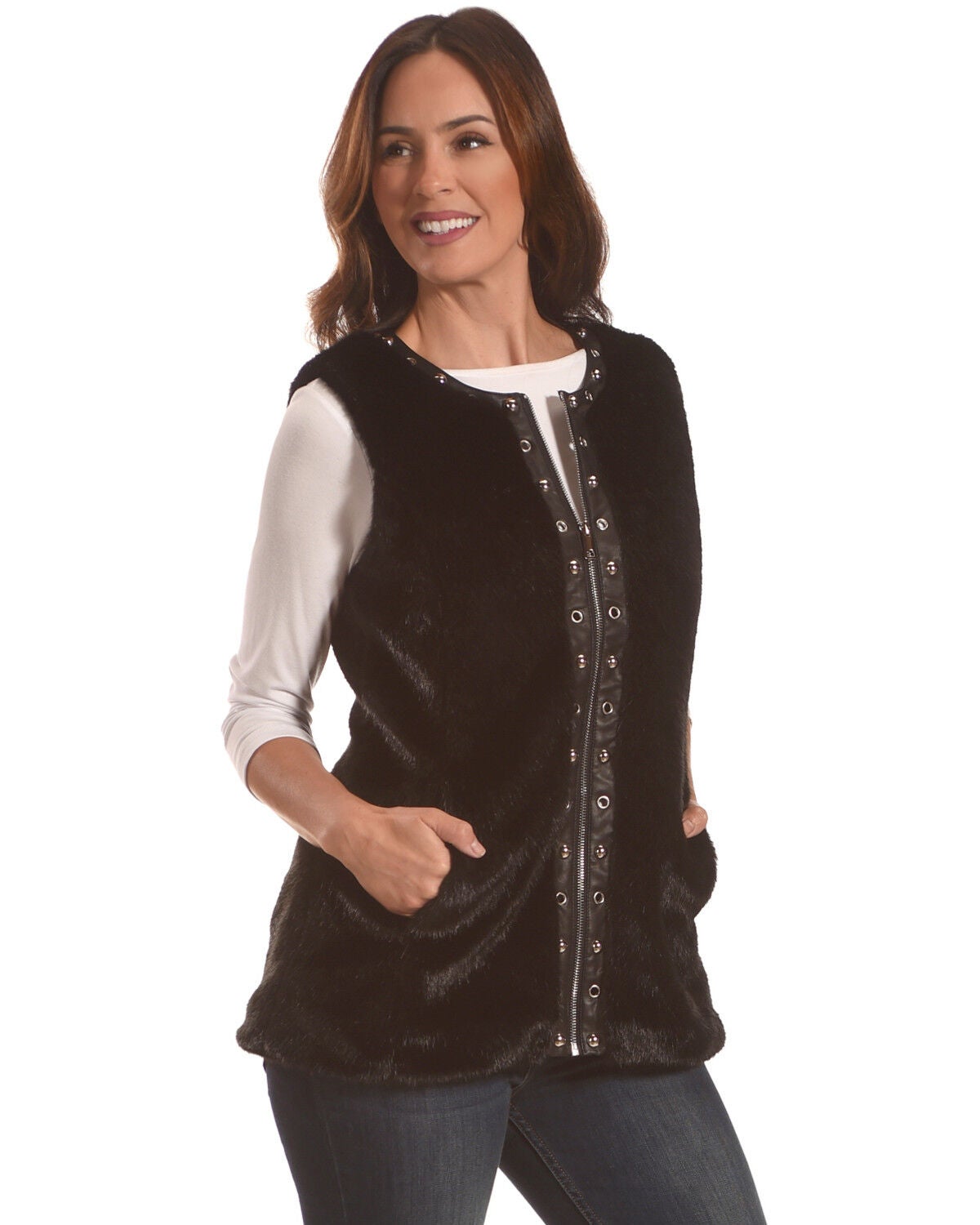 Image #1 - Tesoro Moda Women's Black Faux Fur Vest, , hi-res