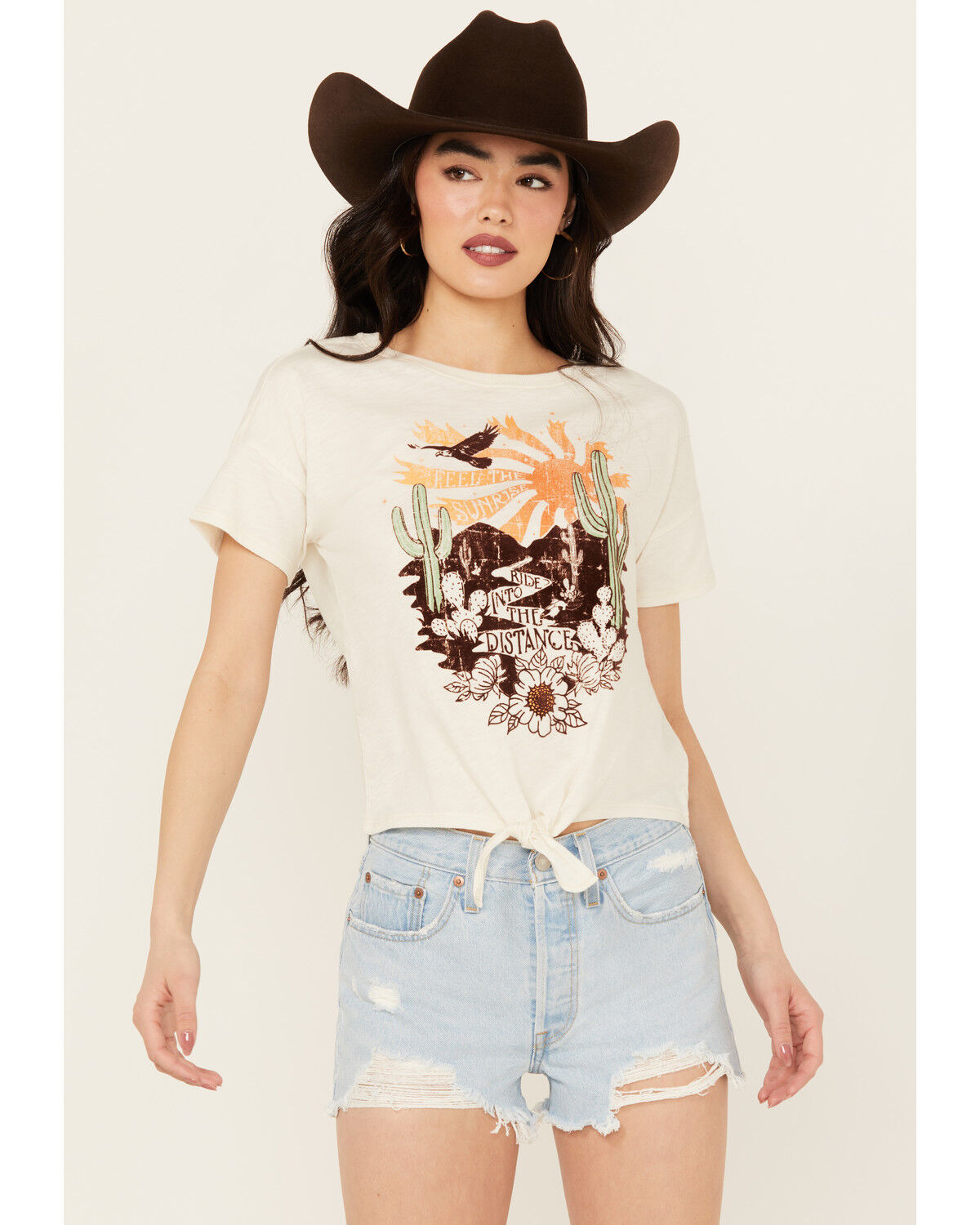 Image #1 - Shyanne Women's Tie-Front Short Sleeve Graphic Tee, Cream, hi-res