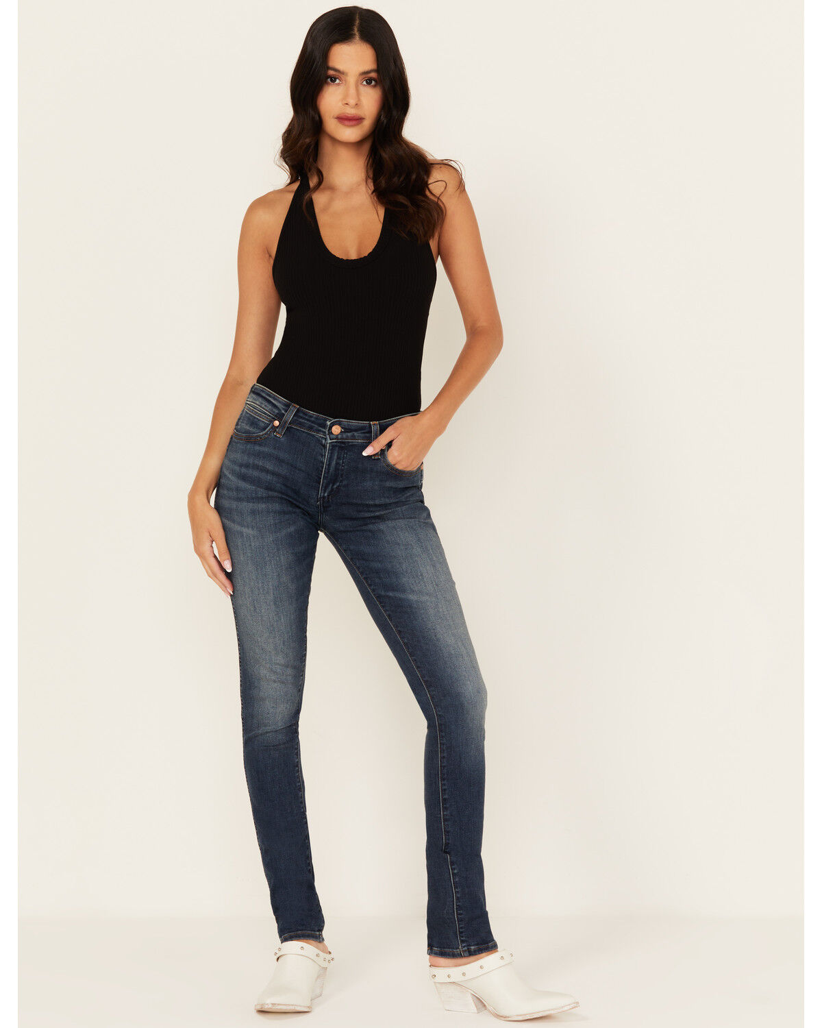 Image #1 - Wrangler Women's Dark Wash Howdy Honey Low Rise Skinny Stretch Denim Jeans, Dark Wash, hi-res