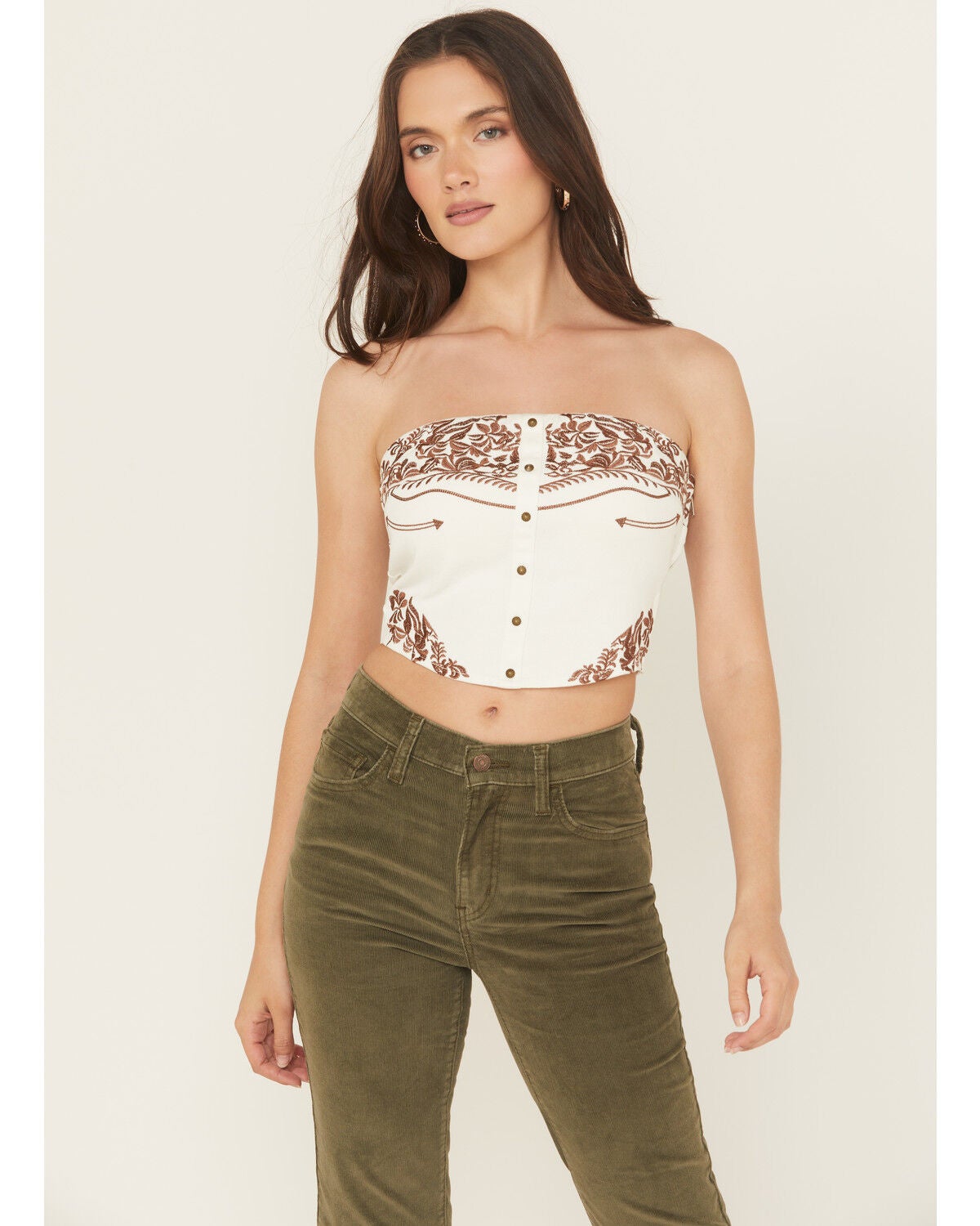 Blue B Women's Western Embroidered Strapless Cropped Shirt, White, hi-res