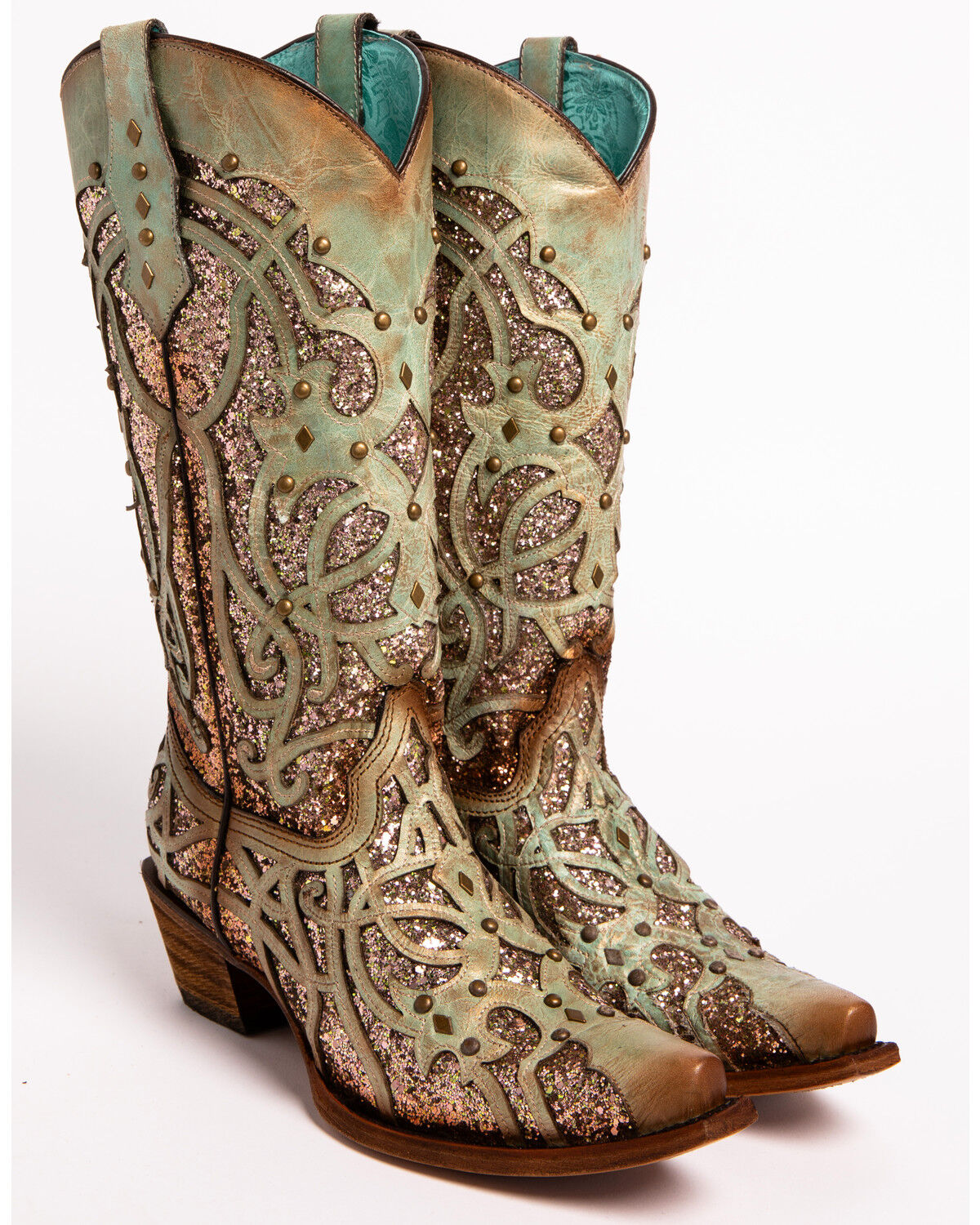 Image #4 - Corral Women's Mint Glitter Inlay Western Boots - Snip Toe, Green, hi-res