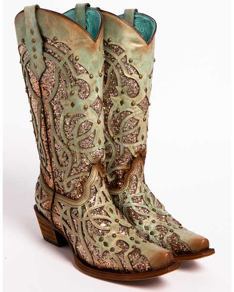 Image #4 - Corral Women's Mint Glitter Inlay Western Boots - Snip Toe , Green, hi-res