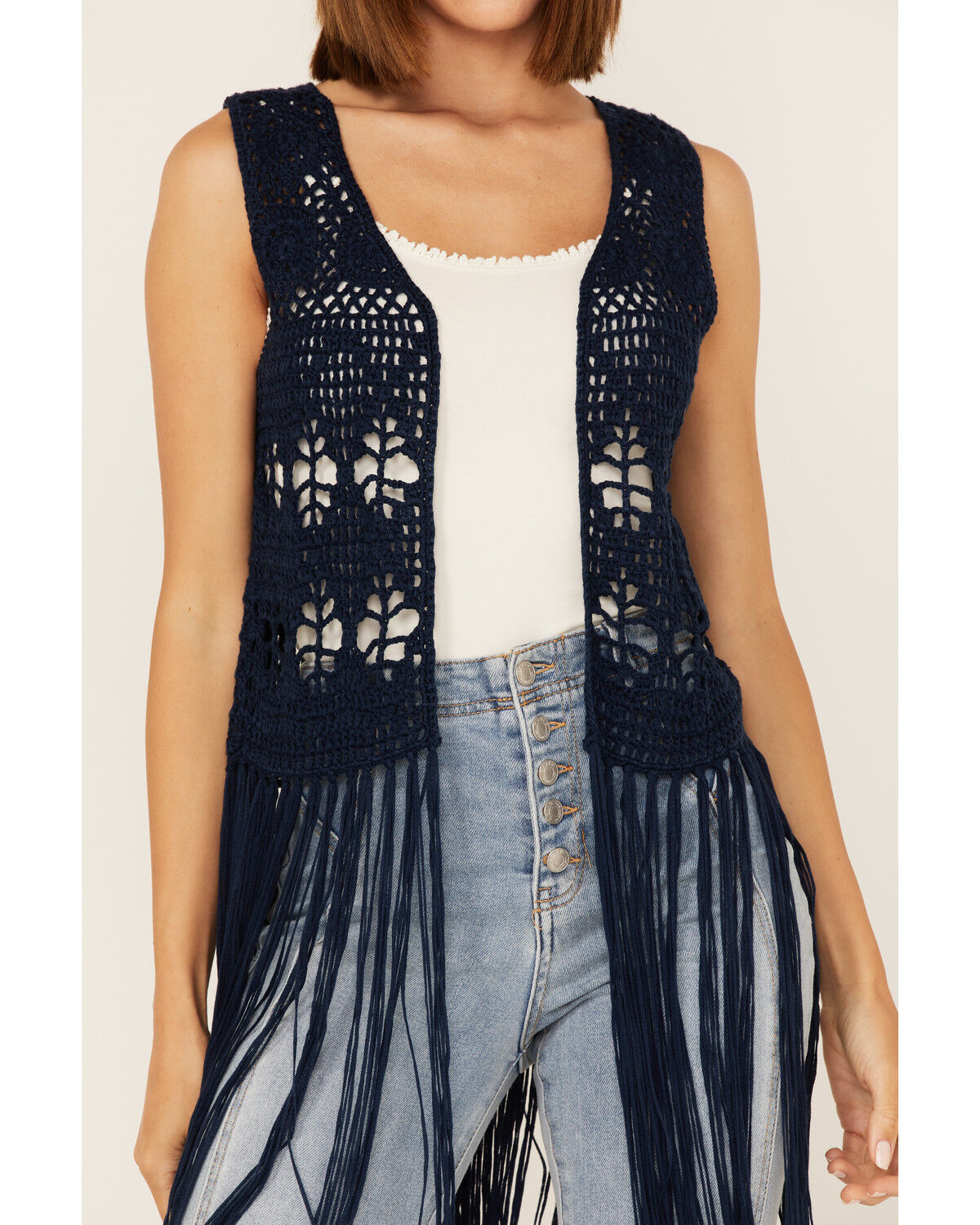 Image #4 - Rock & Roll Denim Women's Crochet Knit Fringe Vest, Navy, hi-res