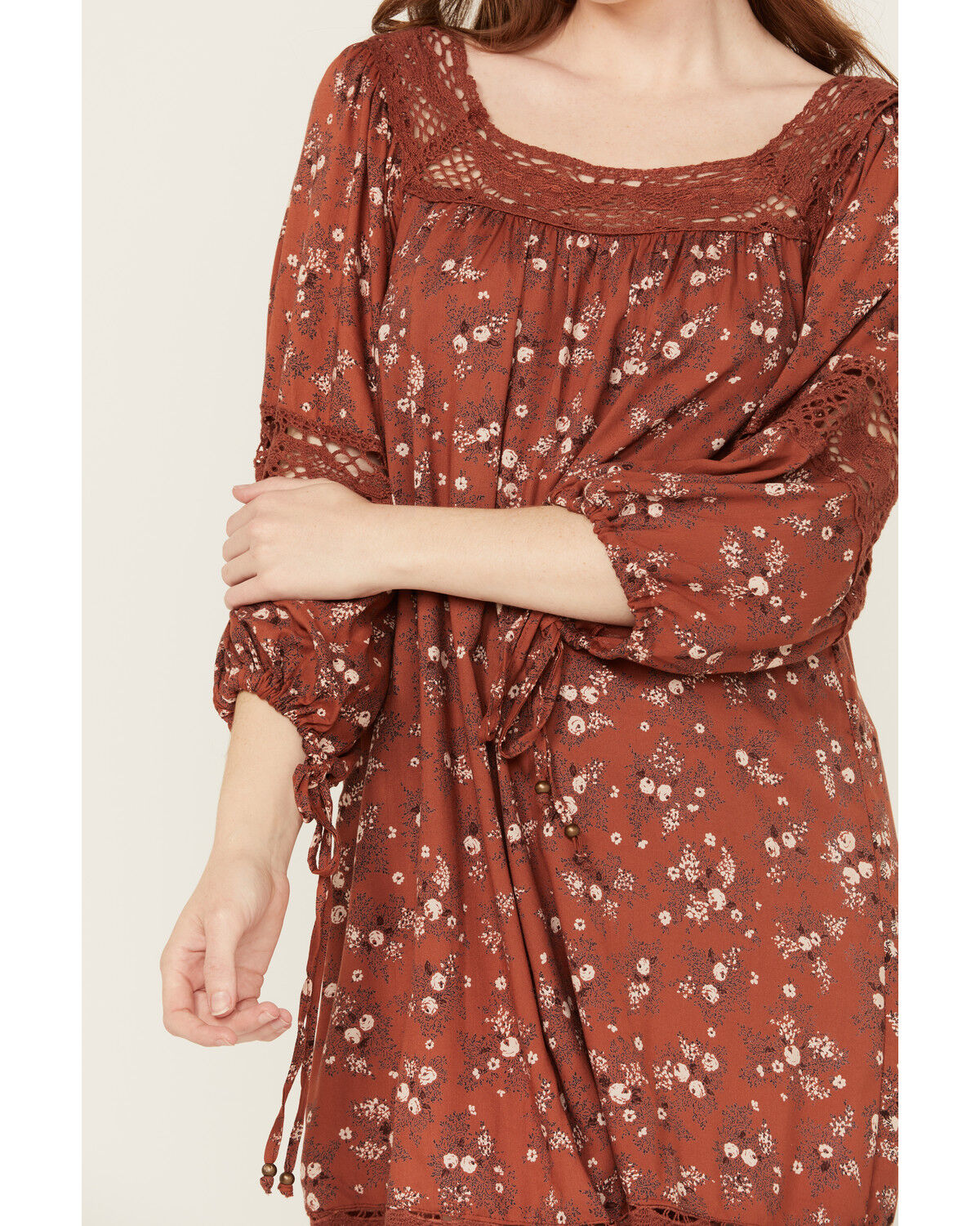 Image #3 - Angie Women's Floral Print Crochet Long Sleeve Mini Dress, Rust Copper, hi-res