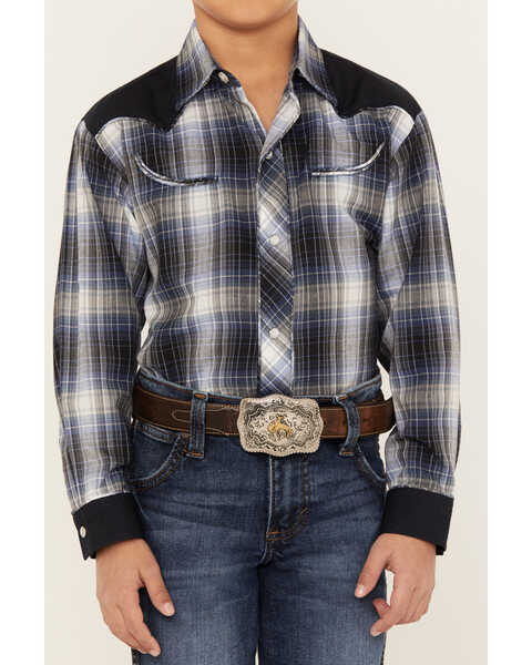 Image #3 - Roper Boys' Plaid Print Long Sleeve Pearl Snap Retro Western Shirt, Blue, hi-res
