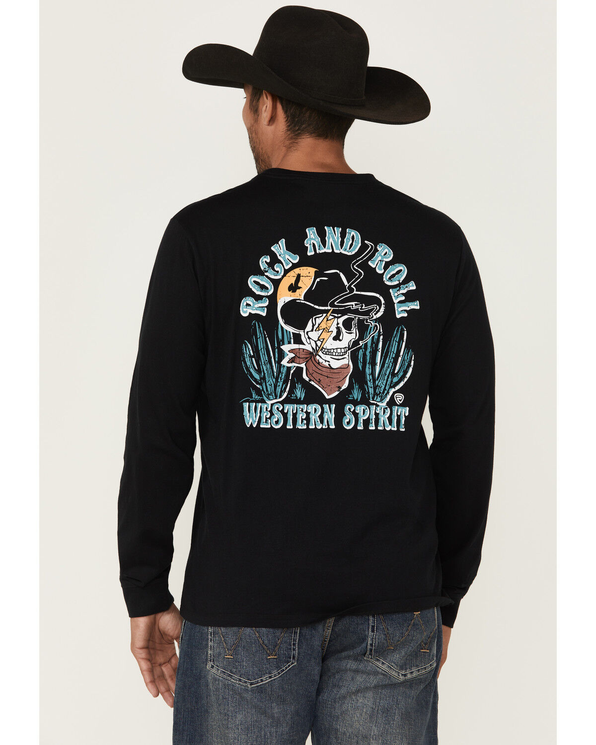 Image #1 - Rock & Roll Denim Men's Cowboy Skull Long Sleeve Graphic T-Shirt, Black, hi-res
