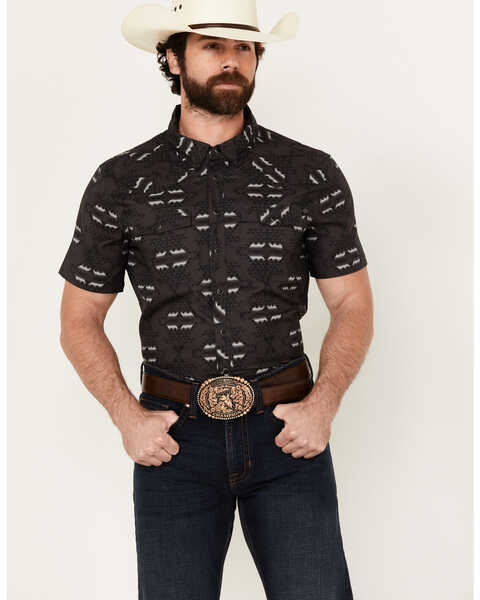 Rock & Roll Denim Men's Tek Southwestern Print Short Sleeve Snap Western Shirt, Charcoal, hi-res