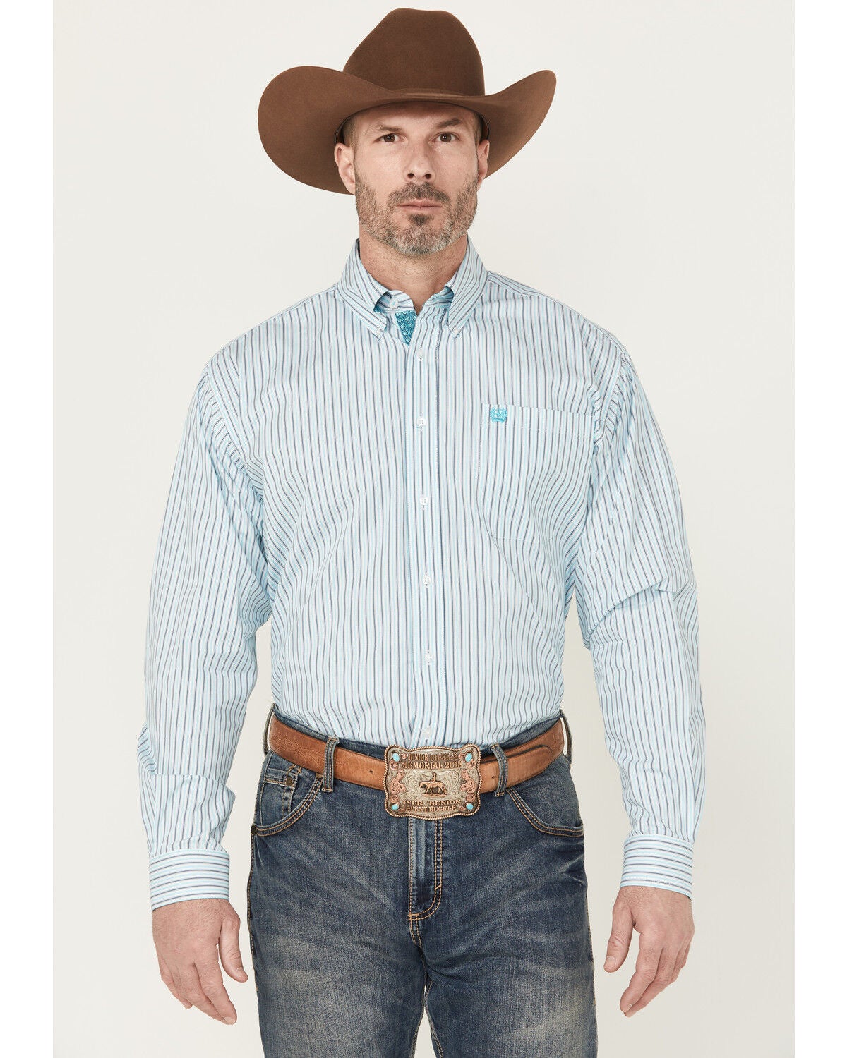 Cinch Men's Striped Long Sleeve Button-Down Stretch Western Shirt, White, hi-res