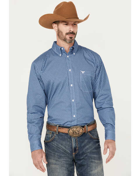 Cowboy Hardware Men's Twisted Adobe Geo Print Long Sleeve Button-Down Western Shirt , Blue, hi-res
