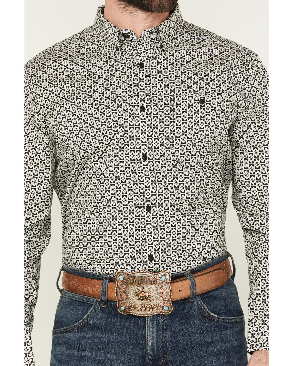 Image #3 - RANK 45® Men's Rockies Ridge Geo Print Long Sleeve Button-Down Stretch Western Shirt, Black, hi-res