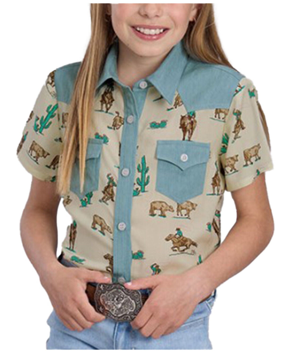 Roper Girls' Cow Print Denim Color Block Short Sleeve Button-Down Western Shirt, Tan, hi-res