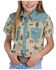 Image #1 - Roper Girls' Cow Print Denim Color Block Short Sleeve Button-Down Western Shirt, Tan, hi-res