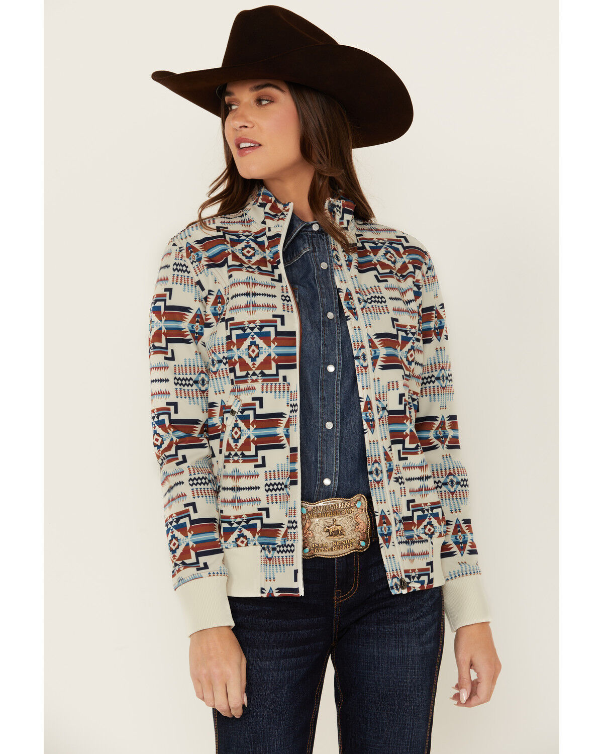 Image #1 - Shyanne Women's Maya Southwestern Print Softshell Bomber Jacket, Cream, hi-res