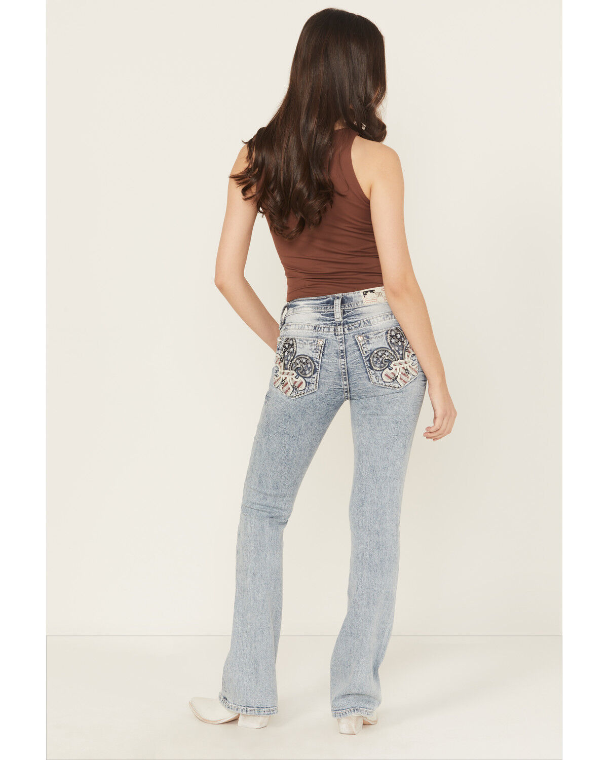 Image #1 - Miss Me Women's Medium Wash Mid Rise Americana Fleur de Lis Bootcut Stretch Denim Jeans, Medium Wash, hi-res