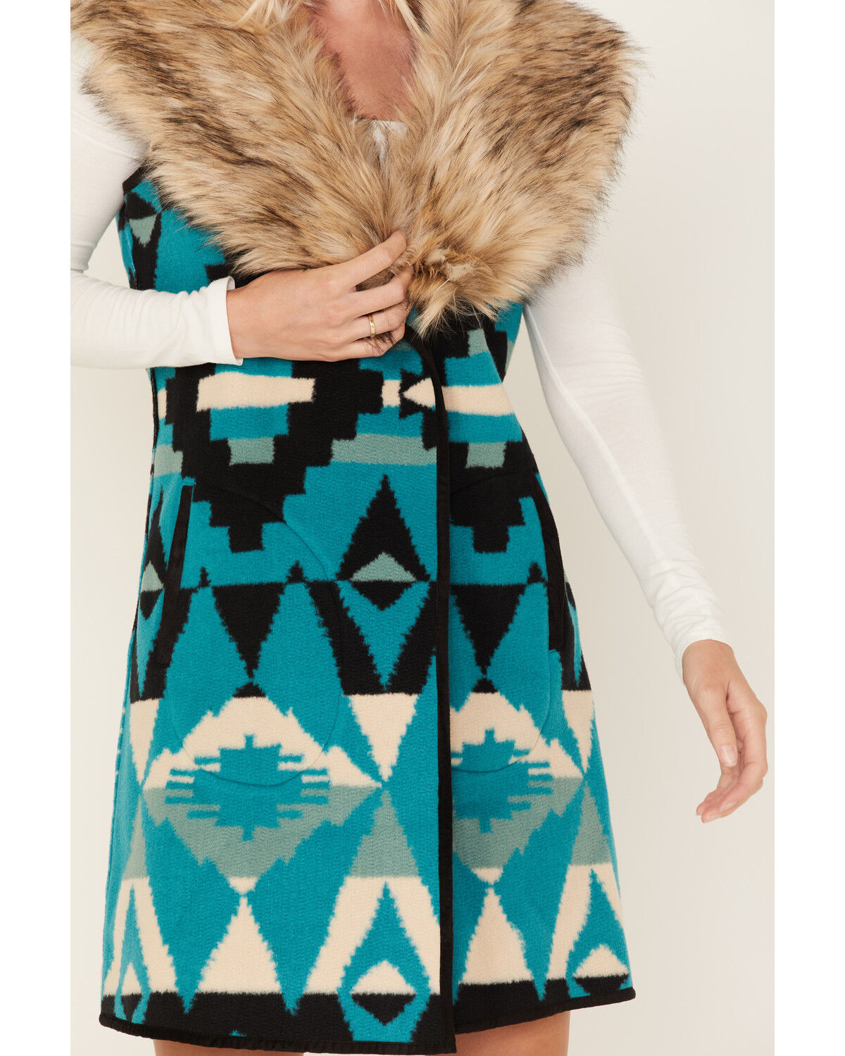 Image #3 - Tasha Polizzi Women's Southwestern Print Faux Fur Old Ranch Vest, Turquoise, hi-res