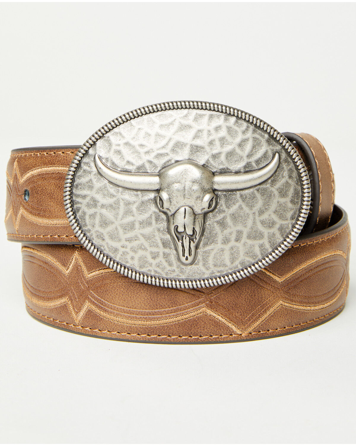 Image #1 - Cody James Boys' Raylan Hammered Longhorn Buckle Belt, Brown, hi-res