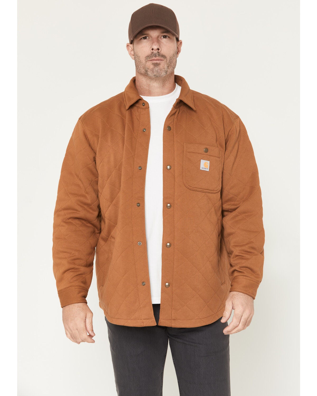 Carhartt Men's Rain Defender&reg; Loose Fit Heavyweight Quilted Snap Front Shirt Jacket, Brown, hi-res