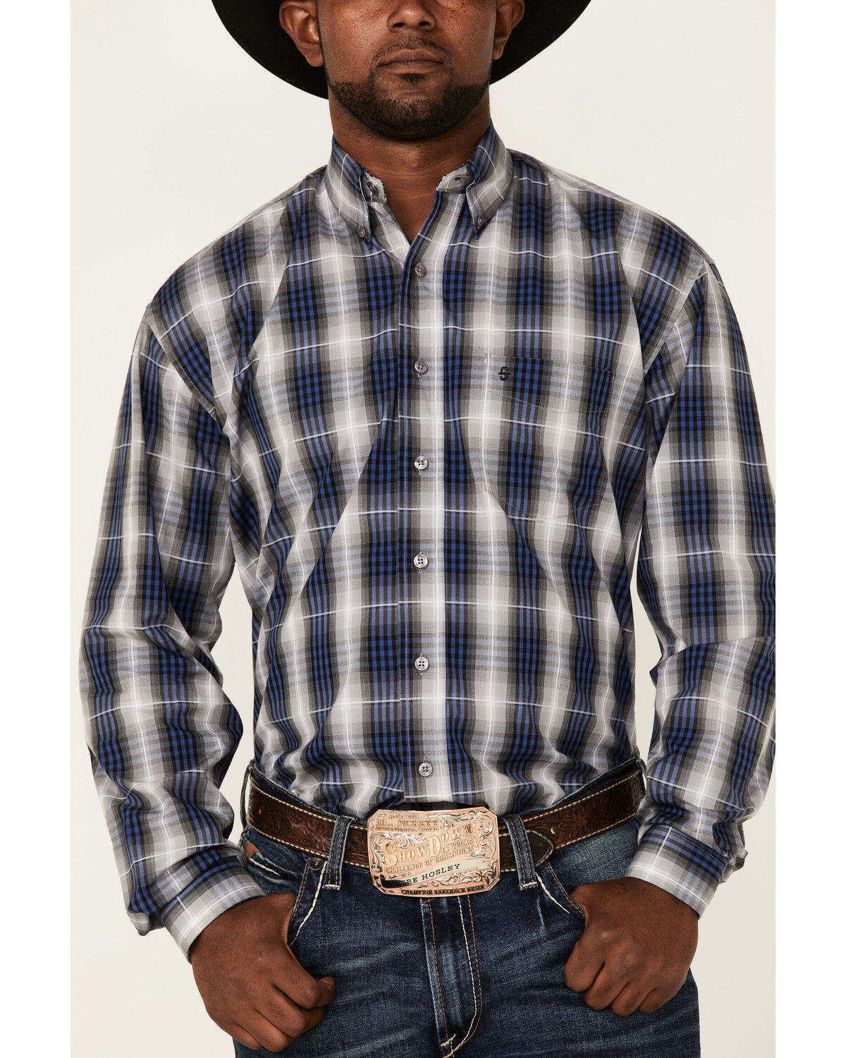Image #3 - Stetson Men's Checkered Ombre Plaid Print Long Sleeve Button Down Western Shirt, Blue, hi-res