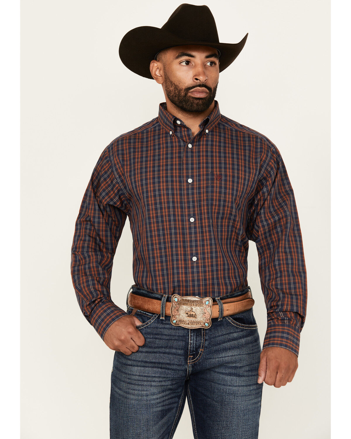 Image #1 - Ariat Men's Iker Plaid Print Long Sleeve Button-Down Western Shirt - Tall, Navy, hi-res