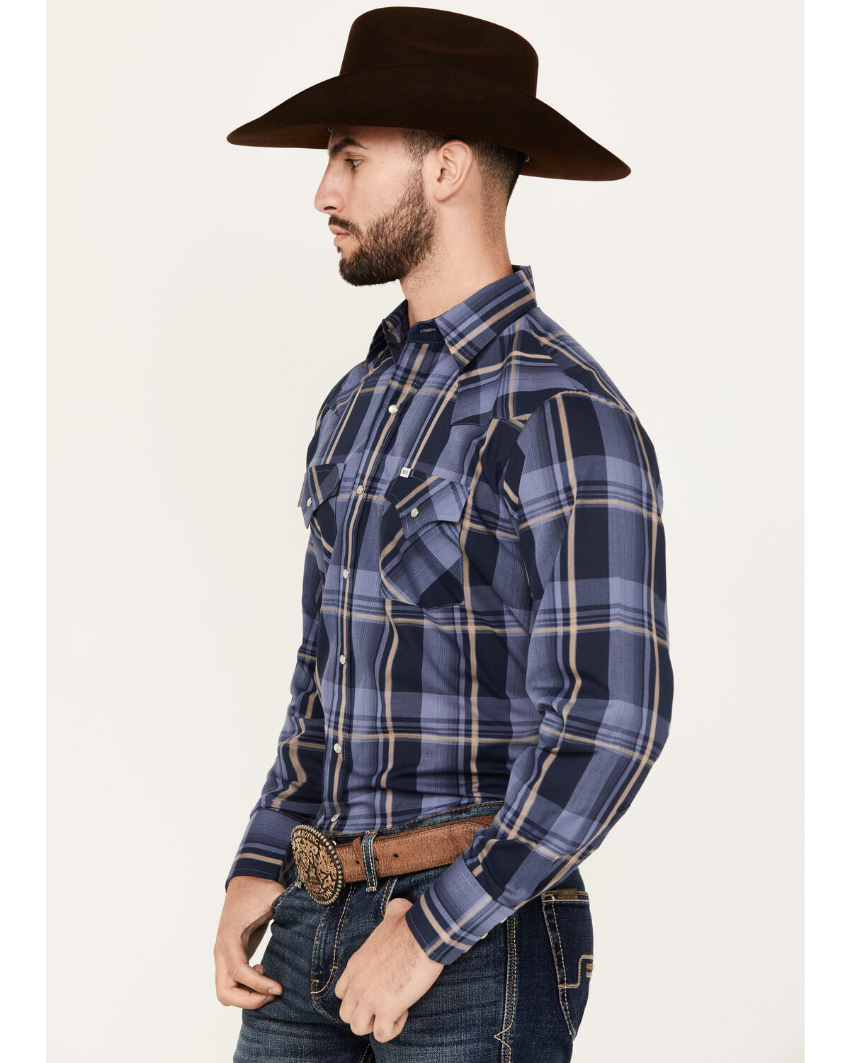 Image #2 - Ely Walker Men's Plaid Print Long Sleeve Snap Western Shirt, Blue, hi-res