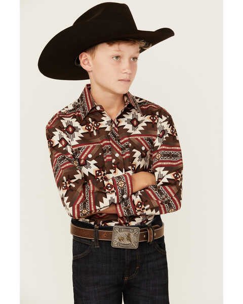 Panhandle Select Boys' Southwestern Print Long Sleeve Pearl Snap Western Shirt, Red, hi-res
