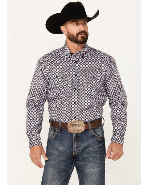 Image #1 - Roper Men's Amarillo Geo Print Long Sleeve Button-Down Western Shirt, Black, hi-res