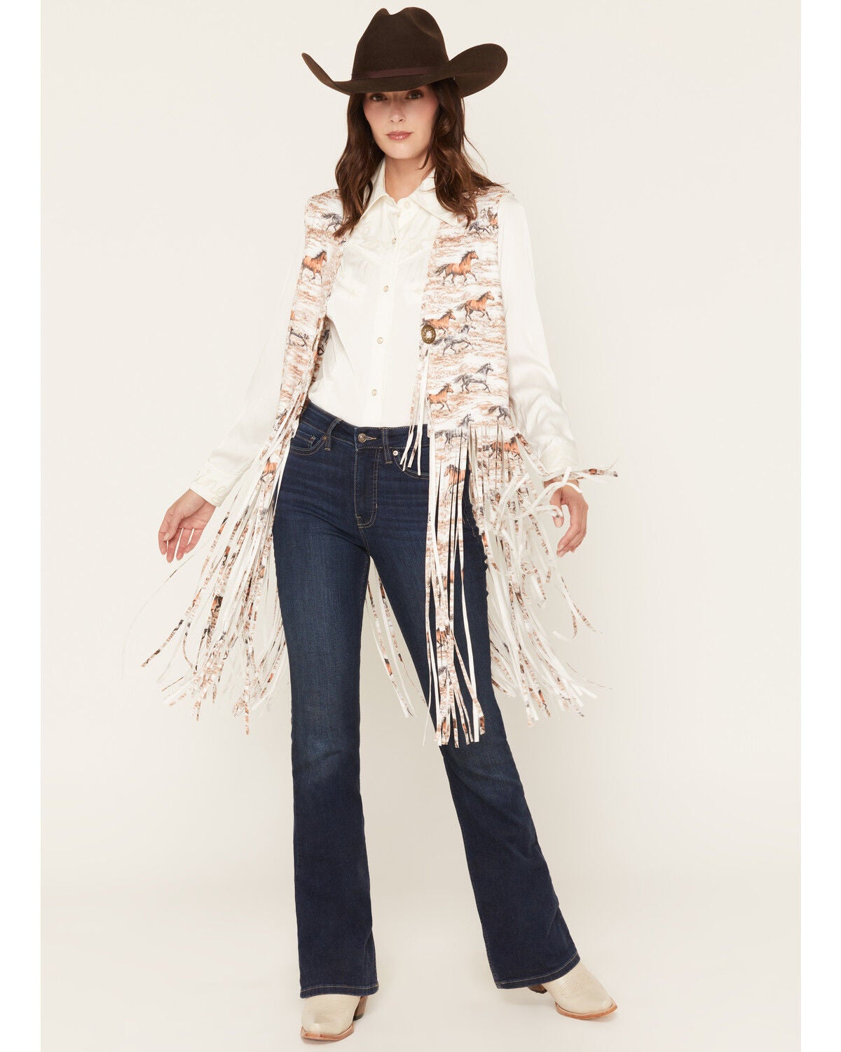 Fornia Women's Boot Barn Exclusive Horse Print Faux Suede Fringe Vest, Multi, hi-res