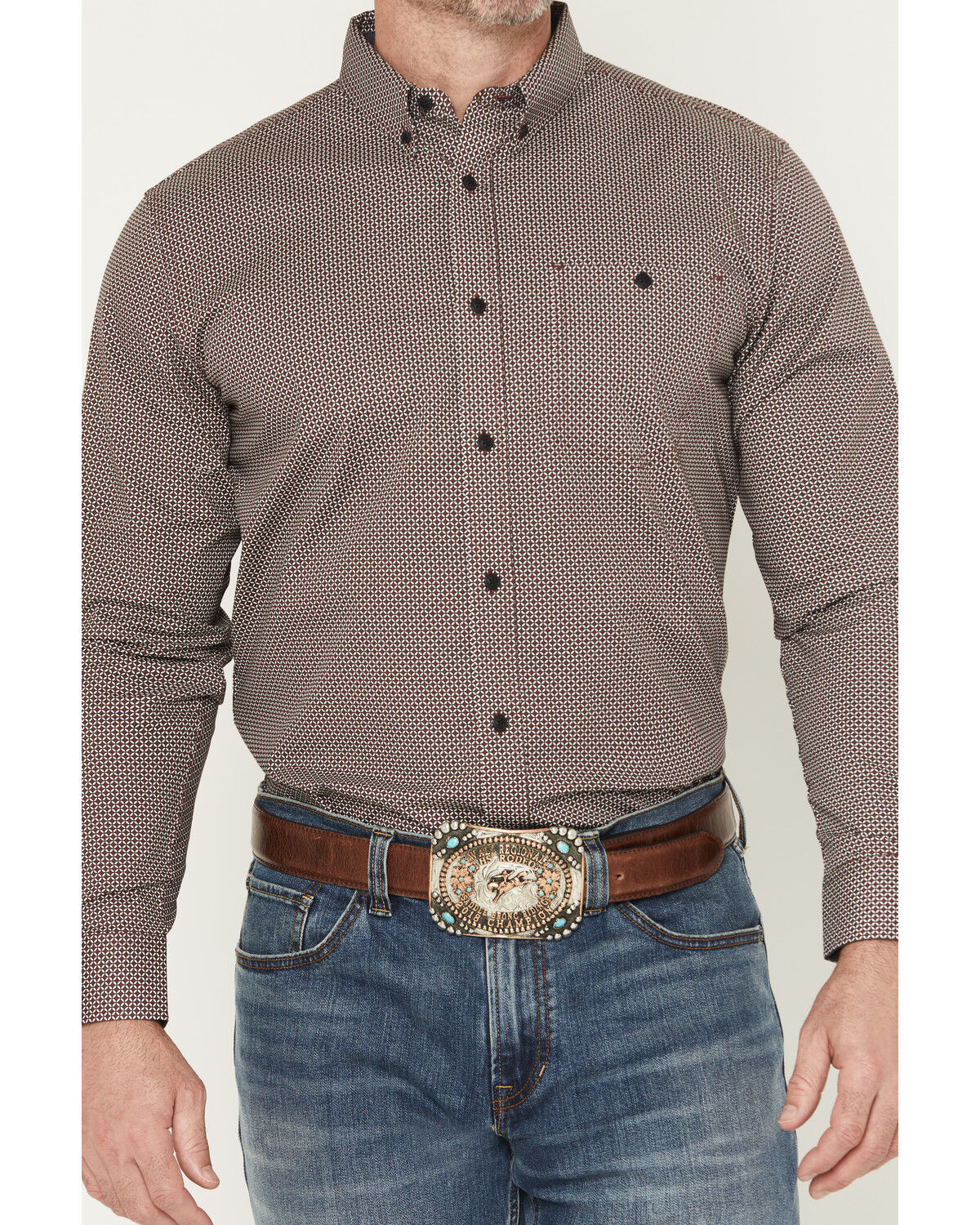 Image #3 - RANK 45® Men's Kings Canyon Micro Geo Print Long Sleeve Button-Down Stretch Western Shirt, Burgundy, hi-res