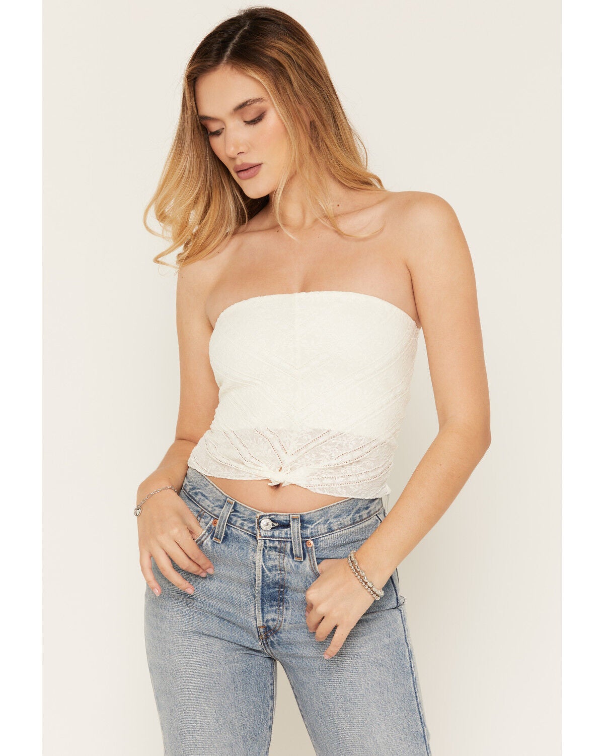 Image #3 - Cleo + Wolf Women's Solid Tie-Front Strapless Shirt, Ivory, hi-res