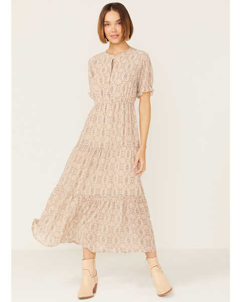 Wishlist Women's Natural Tile Print Short Sleeve Tiered Midi Dress, Natural, hi-res
