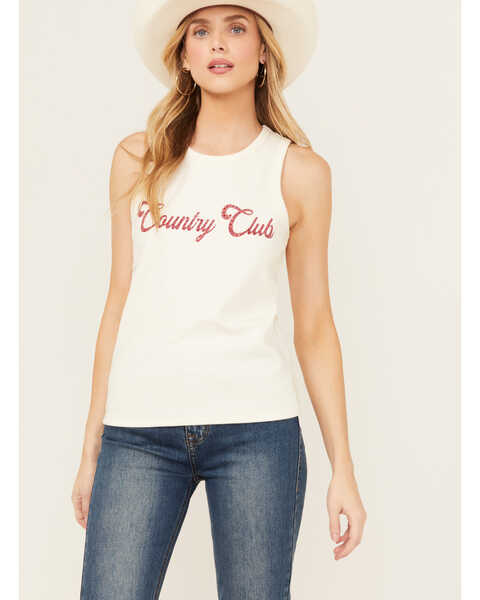 Blended Women's Rhinestone Country Club Graphic Tank , White, hi-res