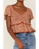 En Crème Women's Rust Floral Ditsy Peplum Ruffle Top, Rust Copper, hi-res