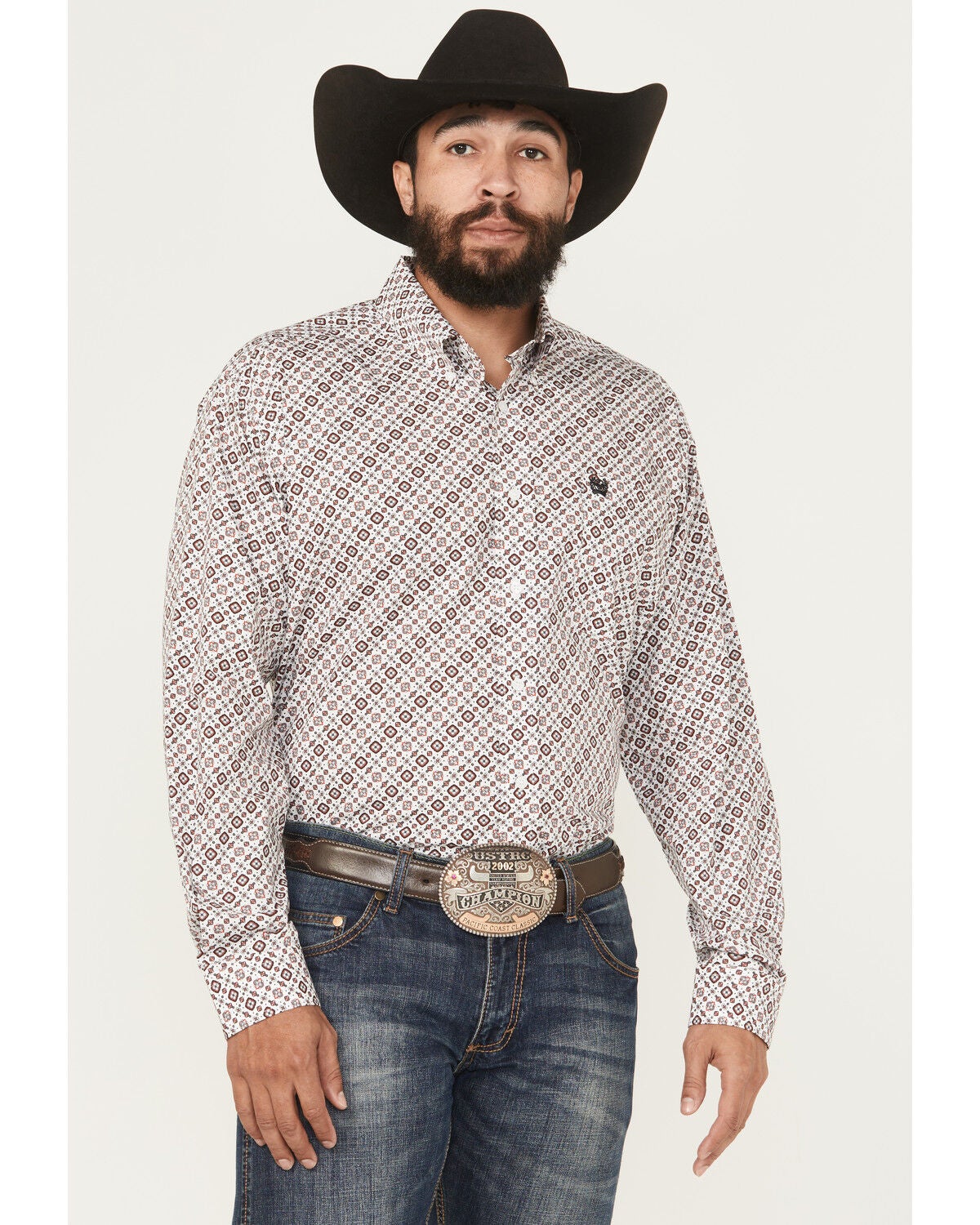 Cinch Men's Geo Print Long Sleeve Button-Down Western Shirt, White, hi-res